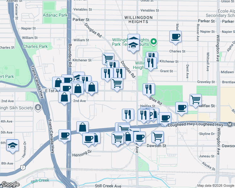 map of restaurants, bars, coffee shops, grocery stores, and more near 1725 Macdonald Avenue in Burnaby