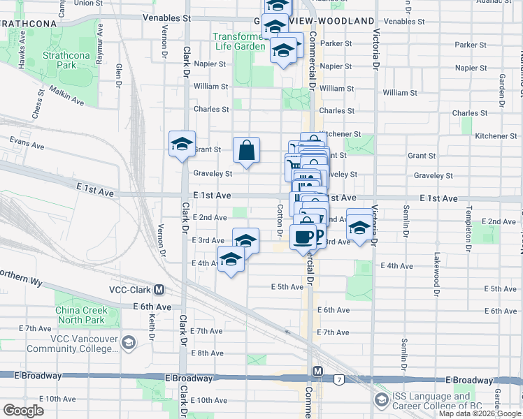 map of restaurants, bars, coffee shops, grocery stores, and more near in Vancouver