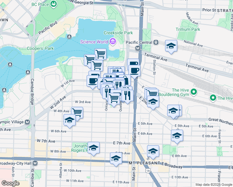 map of restaurants, bars, coffee shops, grocery stores, and more near in Vancouver