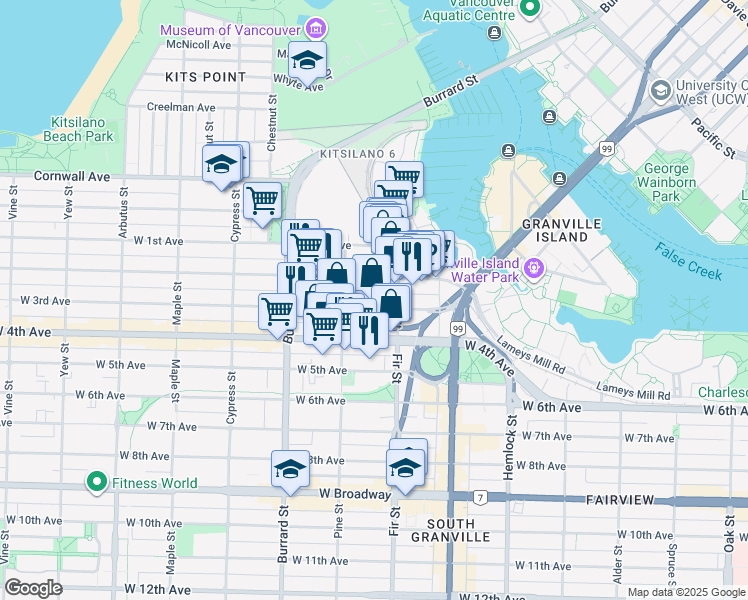 map of restaurants, bars, coffee shops, grocery stores, and more near in Vancouver