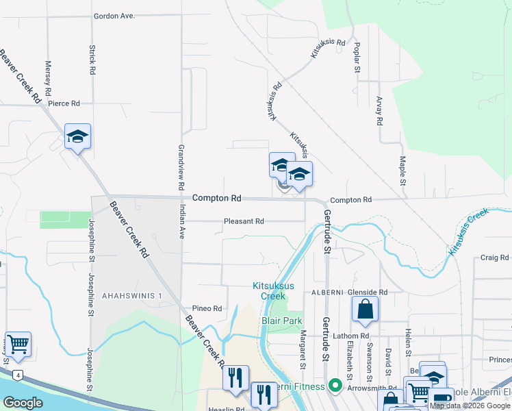map of restaurants, bars, coffee shops, grocery stores, and more near 5122 Compton Road in Port Alberni