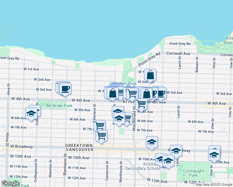 map of restaurants, bars, coffee shops, grocery stores, and more near 1940 Bayswater Street in Vancouver