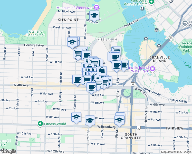 map of restaurants, bars, coffee shops, grocery stores, and more near 1738 West 3rd Avenue in Vancouver