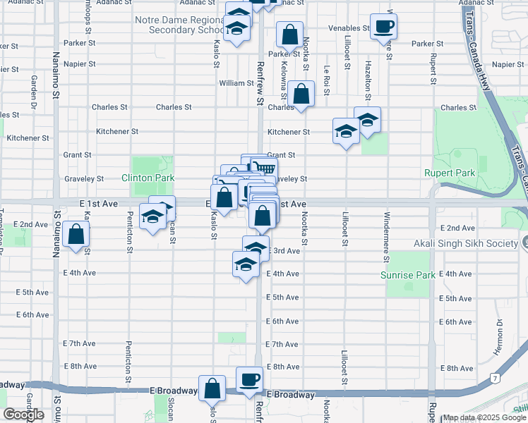 map of restaurants, bars, coffee shops, grocery stores, and more near in Vancouver