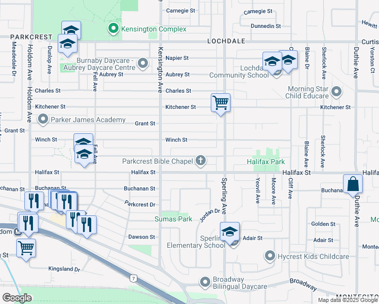 map of restaurants, bars, coffee shops, grocery stores, and more near 6593 Lochdale Street in Burnaby