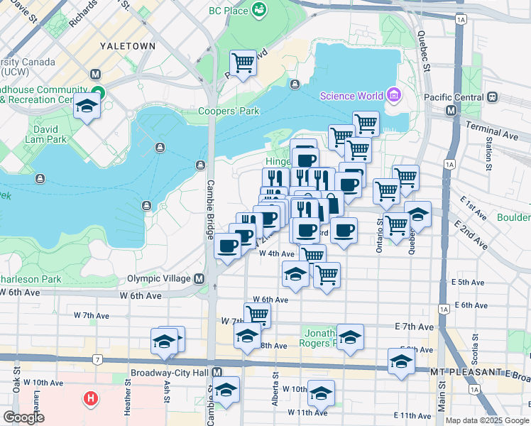 map of restaurants, bars, coffee shops, grocery stores, and more near 268 West 1st Avenue in Vancouver