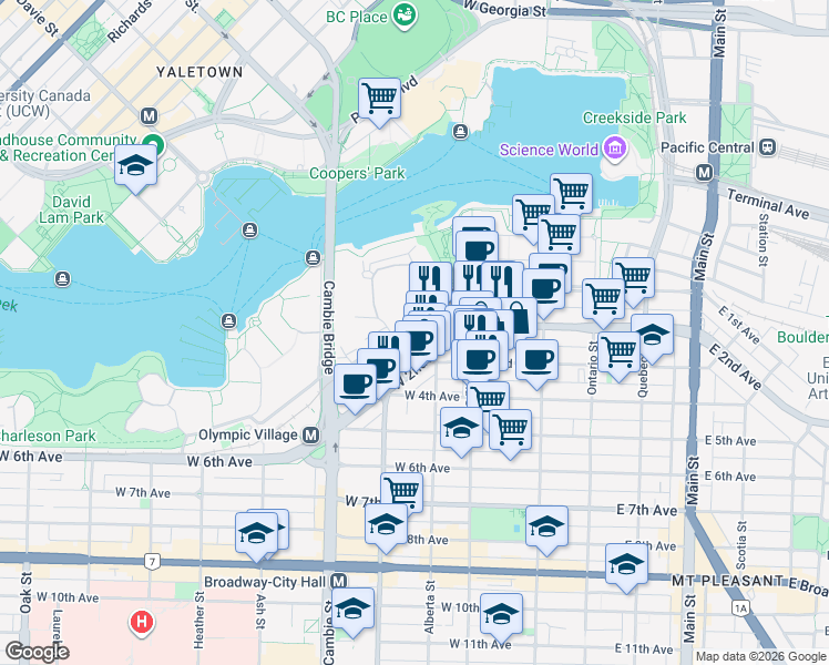 map of restaurants, bars, coffee shops, grocery stores, and more near 266 West 1st Avenue in Vancouver