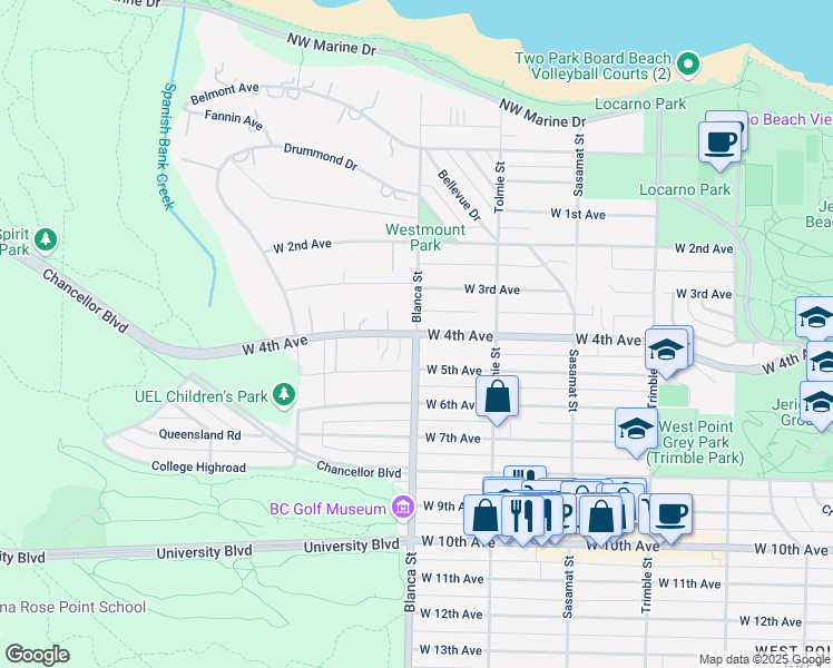map of restaurants, bars, coffee shops, grocery stores, and more near W 4th Ave & Blanca St in Vancouver
