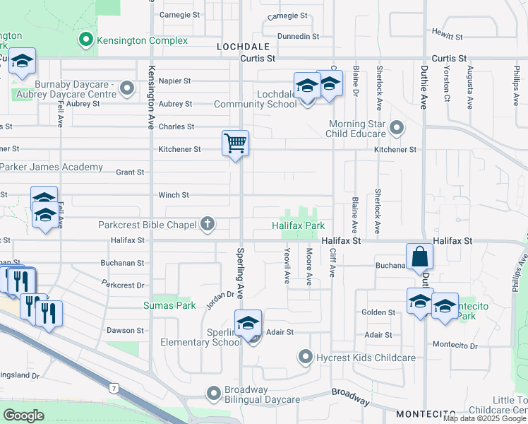 map of restaurants, bars, coffee shops, grocery stores, and more near 6785 Lochdale Street in Burnaby