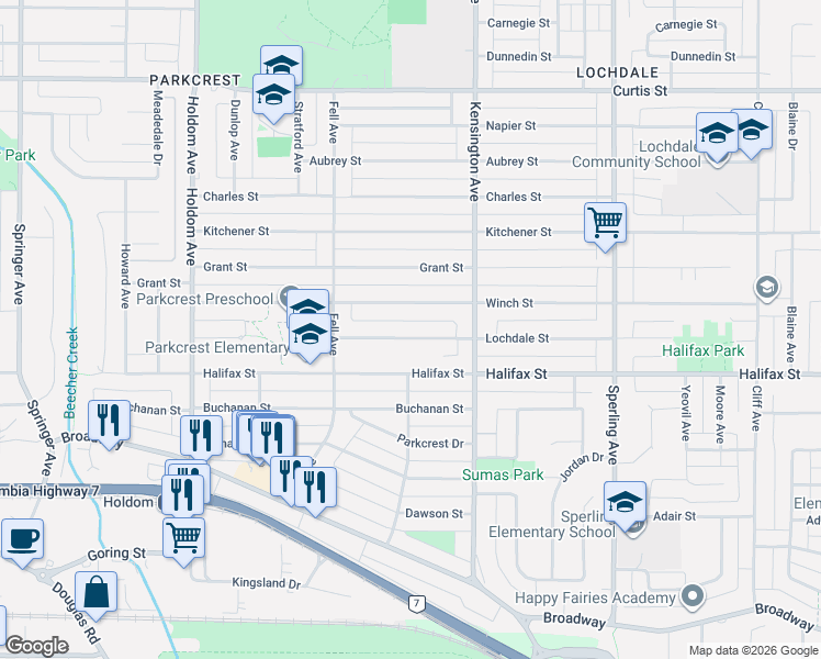 map of restaurants, bars, coffee shops, grocery stores, and more near 6319 Lochdale Street in Burnaby