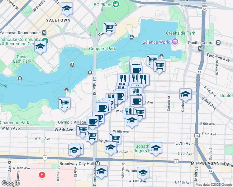 map of restaurants, bars, coffee shops, grocery stores, and more near 292 West 1st Avenue in Vancouver