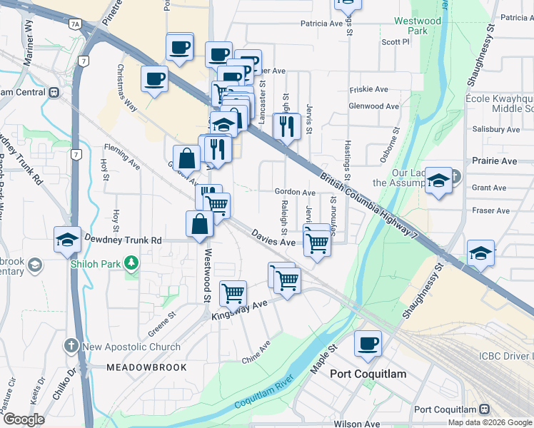 map of restaurants, bars, coffee shops, grocery stores, and more near 3144 Lancaster Place in Port Coquitlam