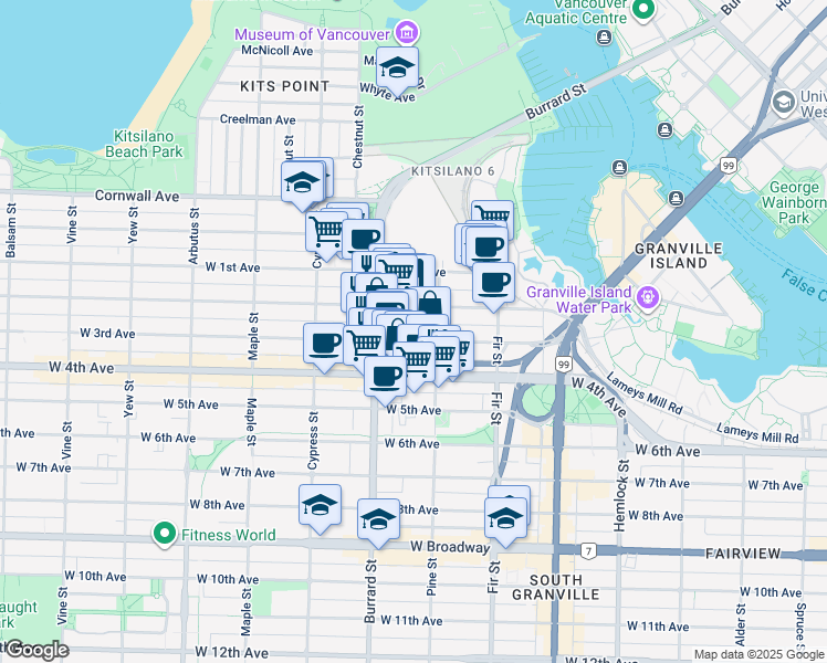 map of restaurants, bars, coffee shops, grocery stores, and more near 1738 West 3rd Avenue in Vancouver