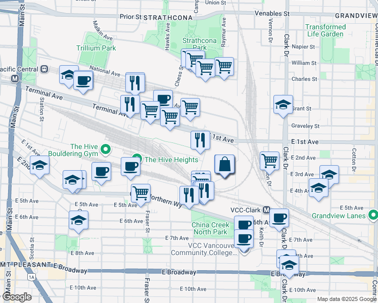 map of restaurants, bars, coffee shops, grocery stores, and more near 1755 Cottrell Street in Vancouver