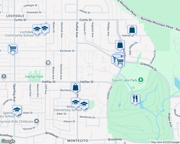 map of restaurants, bars, coffee shops, grocery stores, and more near 1675 Augusta Avenue in Burnaby