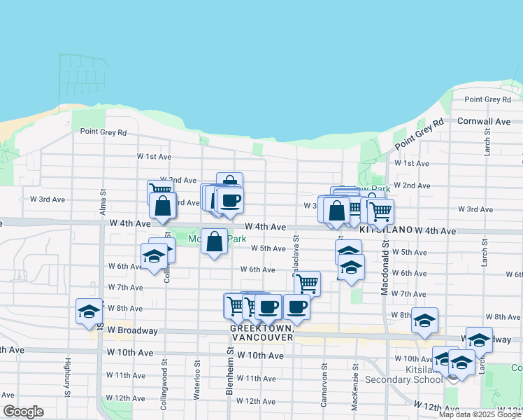 map of restaurants, bars, coffee shops, grocery stores, and more near 3206 West 3rd Avenue in Vancouver
