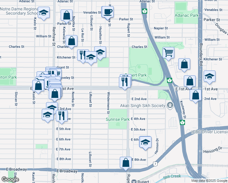 map of restaurants, bars, coffee shops, grocery stores, and more near 3226 East 1st Avenue in Vancouver