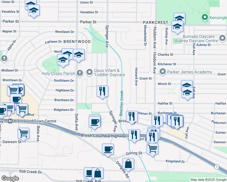 map of restaurants, bars, coffee shops, grocery stores, and more near 5470 Braelawn Drive in Burnaby