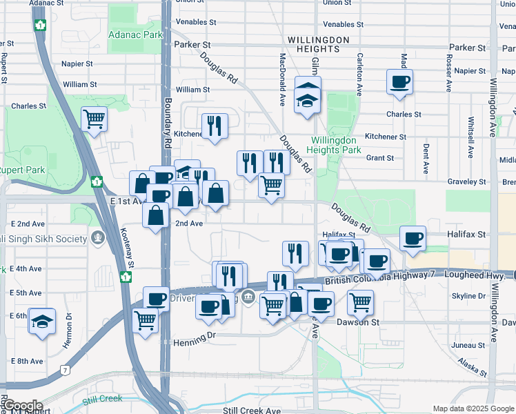 map of restaurants, bars, coffee shops, grocery stores, and more near 3934 1st Avenue in Burnaby