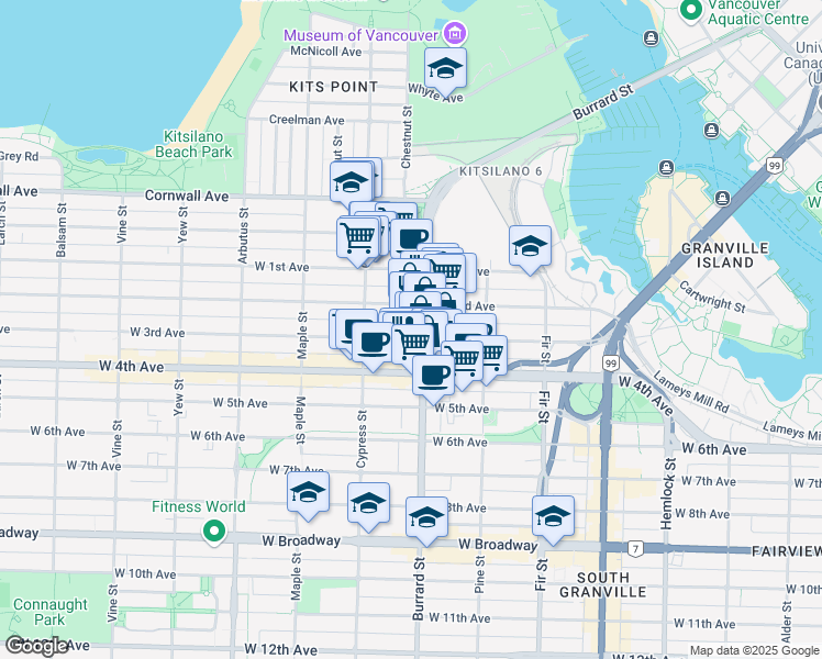map of restaurants, bars, coffee shops, grocery stores, and more near in Vancouver