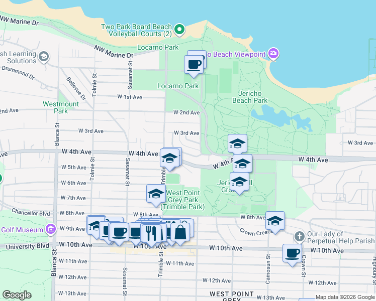 map of restaurants, bars, coffee shops, grocery stores, and more near 4327 Locarno Crescent in Vancouver