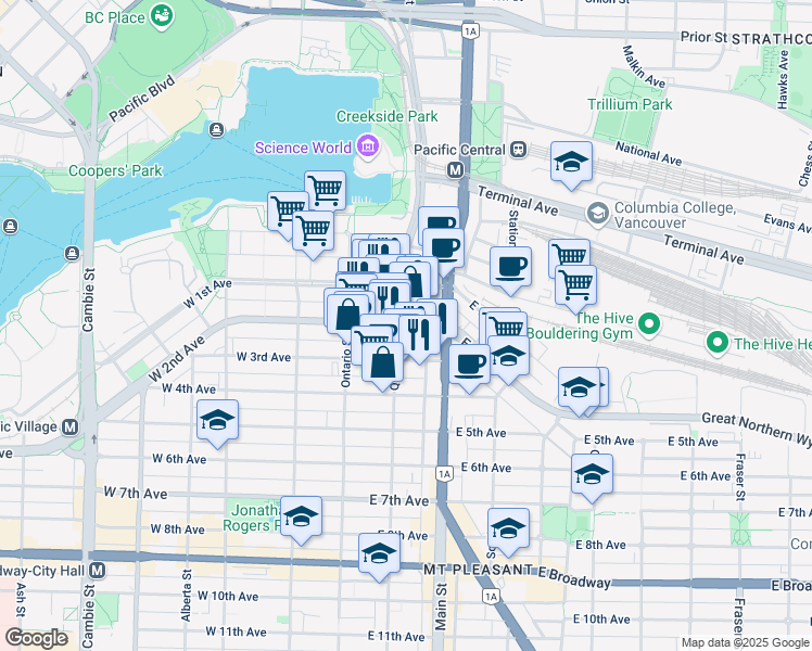 map of restaurants, bars, coffee shops, grocery stores, and more near 118 East 2nd Avenue in Vancouver