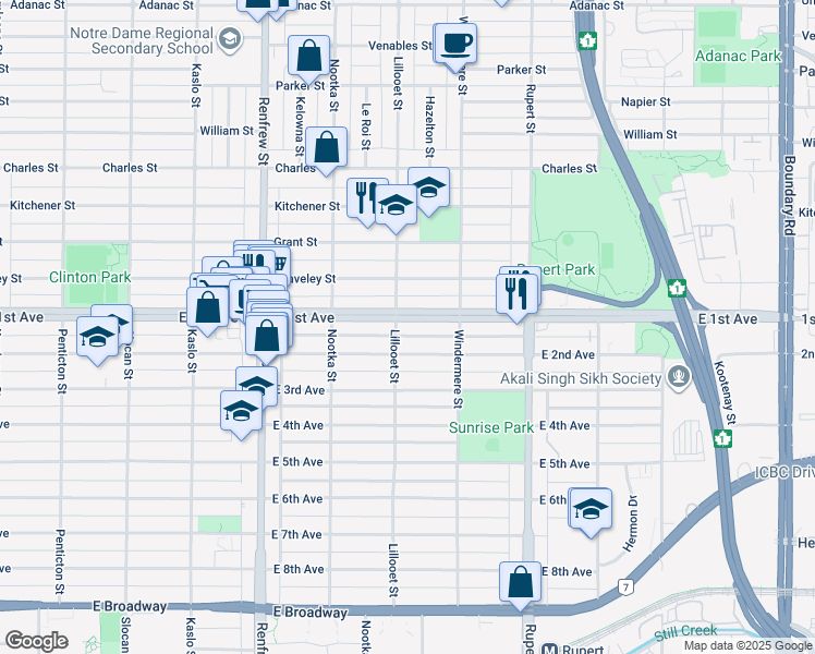 map of restaurants, bars, coffee shops, grocery stores, and more near 3112 East 1st Avenue in Vancouver