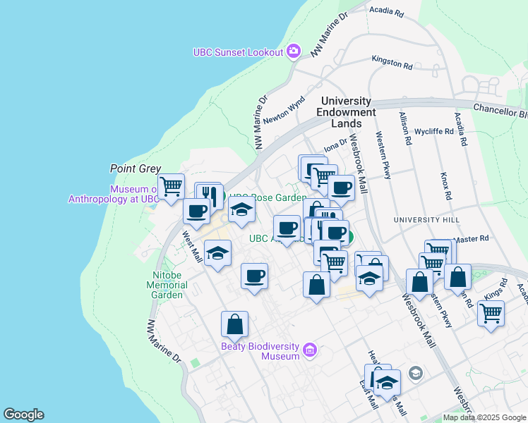 map of restaurants, bars, coffee shops, grocery stores, and more near 1866 Main Mall in Vancouver