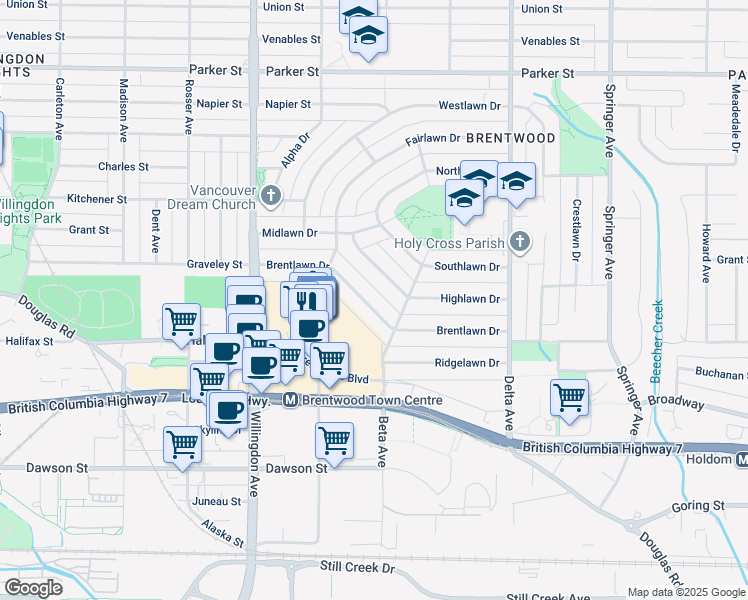 map of restaurants, bars, coffee shops, grocery stores, and more near 4645 Brentlawn Drive in Burnaby