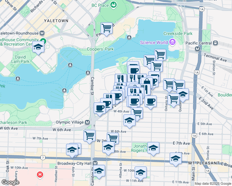 map of restaurants, bars, coffee shops, grocery stores, and more near 260 West 1st Avenue in Vancouver