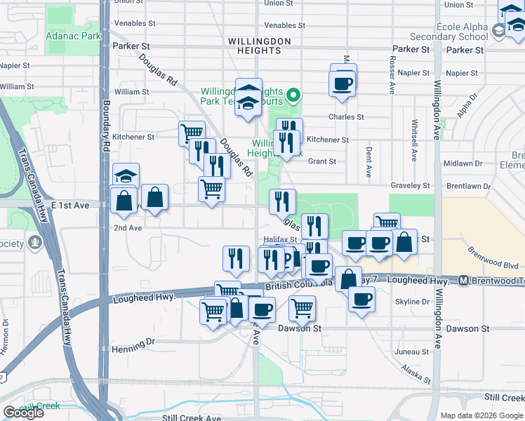 map of restaurants, bars, coffee shops, grocery stores, and more near 1728 Gilmore Avenue in Burnaby
