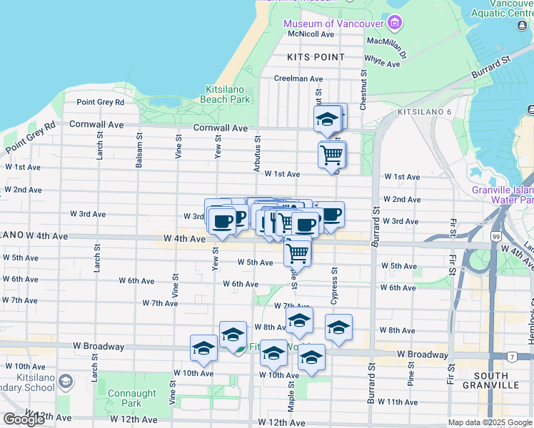 map of restaurants, bars, coffee shops, grocery stores, and more near 2077 West 3rd Avenue in Vancouver