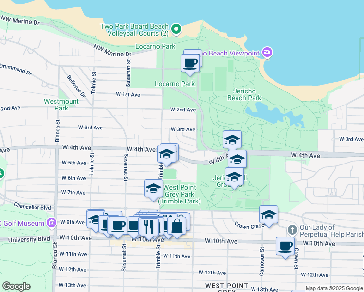 map of restaurants, bars, coffee shops, grocery stores, and more near 4333 Locarno Crescent in Vancouver
