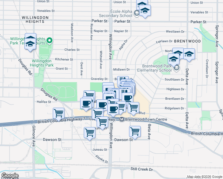 map of restaurants, bars, coffee shops, grocery stores, and more near 1700 Willingdon Avenue in Burnaby