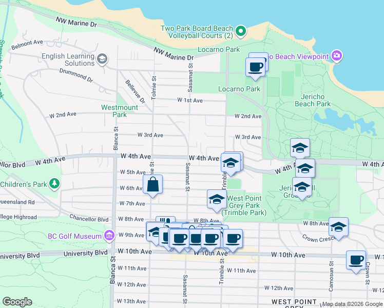 map of restaurants, bars, coffee shops, grocery stores, and more near 1996 Sasamat Street in Vancouver