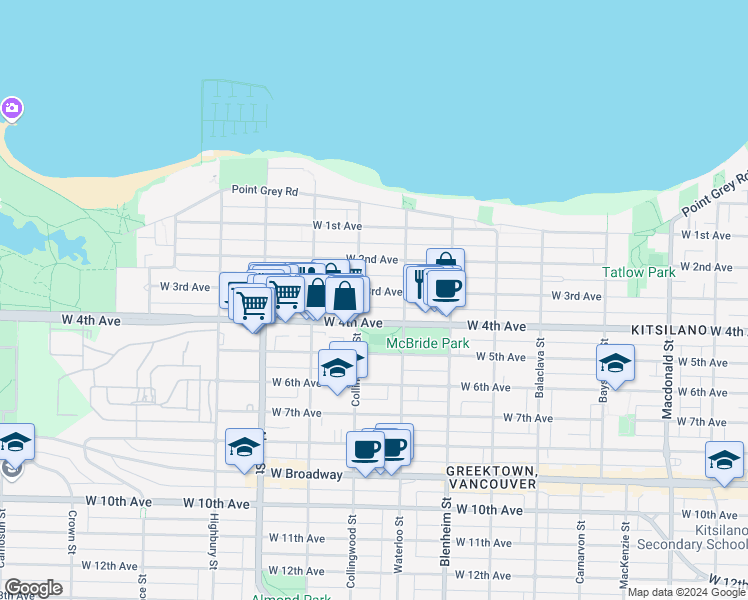 map of restaurants, bars, coffee shops, grocery stores, and more near 3454 West 3rd Avenue in Vancouver