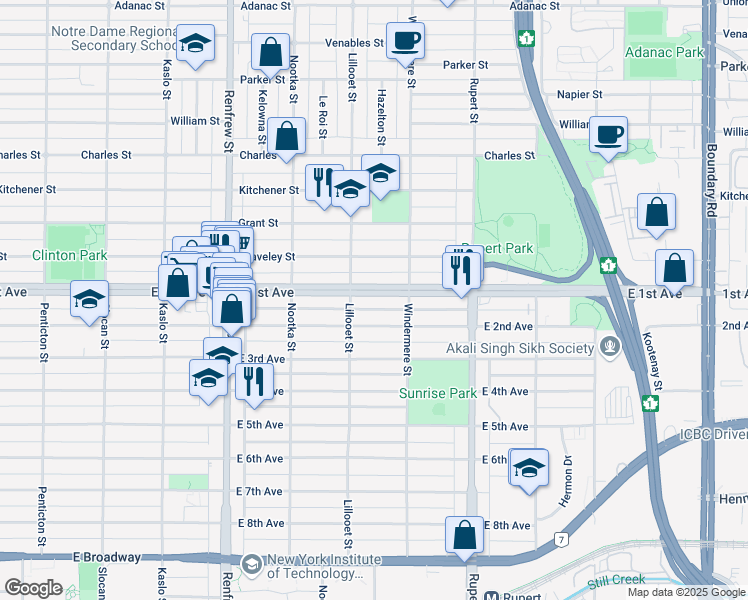 map of restaurants, bars, coffee shops, grocery stores, and more near 3140 East 1st Avenue in Vancouver