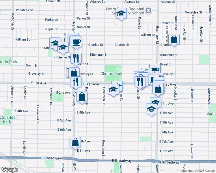 map of restaurants, bars, coffee shops, grocery stores, and more near 2624 East 1st Avenue in Vancouver