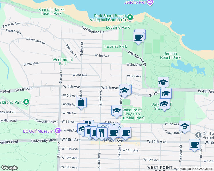 map of restaurants, bars, coffee shops, grocery stores, and more near 1995 Sasamat Place in Vancouver