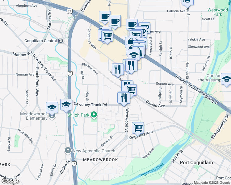 map of restaurants, bars, coffee shops, grocery stores, and more near 974 Hosmer Court in Coquitlam