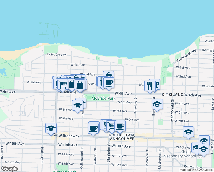 map of restaurants, bars, coffee shops, grocery stores, and more near 3316 West 3rd Avenue in Vancouver