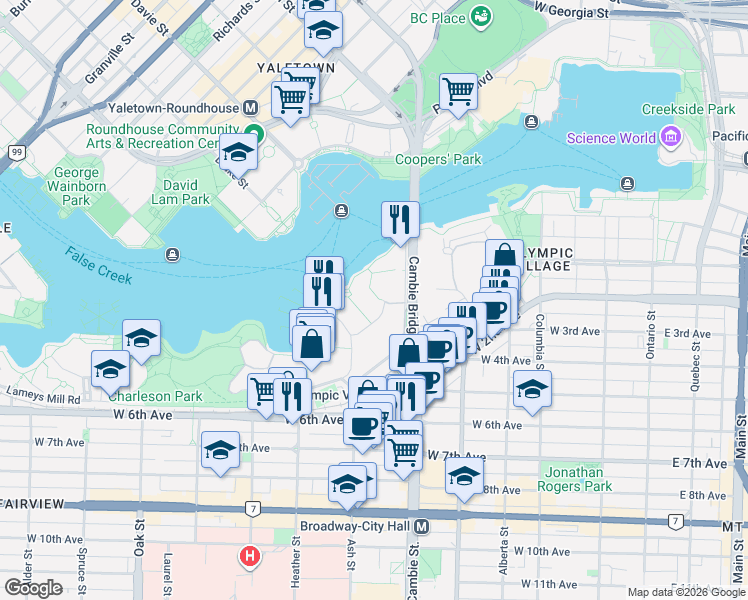 map of restaurants, bars, coffee shops, grocery stores, and more near 525 Wheelhouse Square in Vancouver