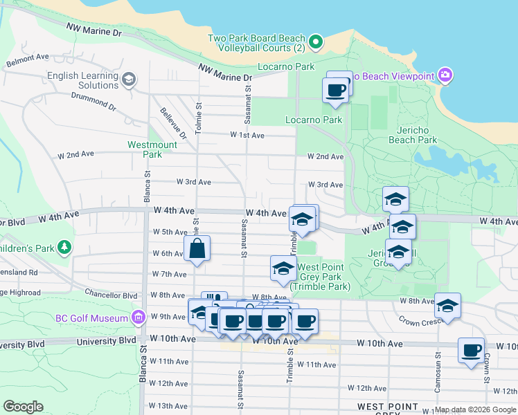 map of restaurants, bars, coffee shops, grocery stores, and more near 1995 Sasamat Place in Vancouver
