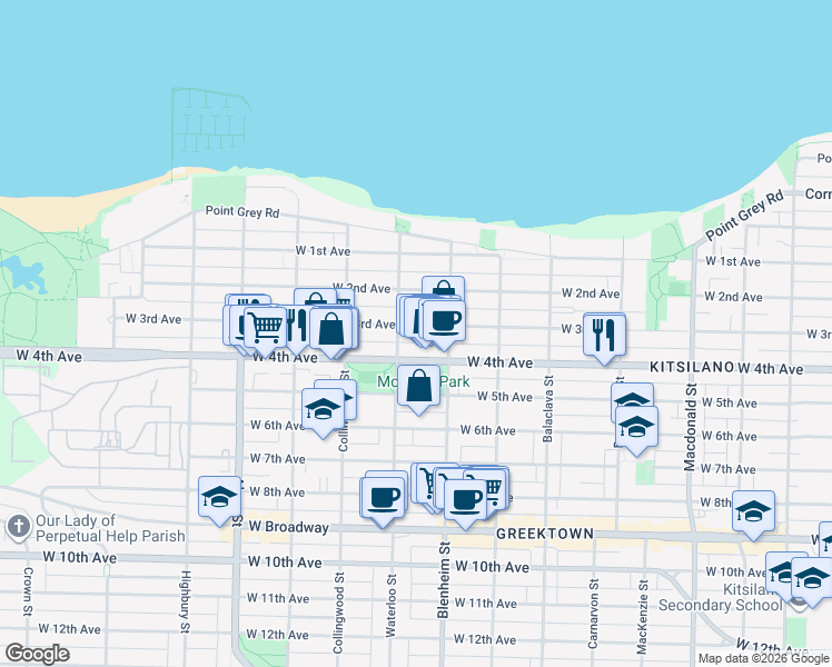 map of restaurants, bars, coffee shops, grocery stores, and more near 3350 West 3rd Avenue in Vancouver
