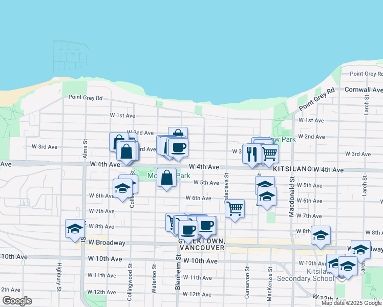 map of restaurants, bars, coffee shops, grocery stores, and more near 3242 West 3rd Avenue in Vancouver
