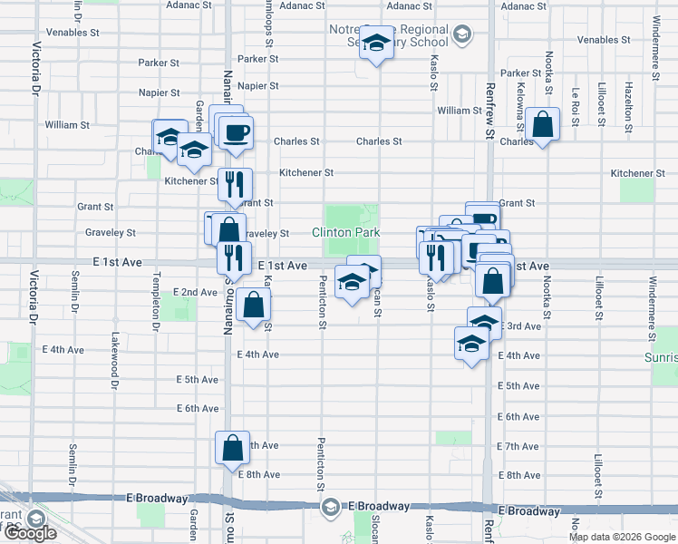 map of restaurants, bars, coffee shops, grocery stores, and more near 2630 East 1st Avenue in Vancouver