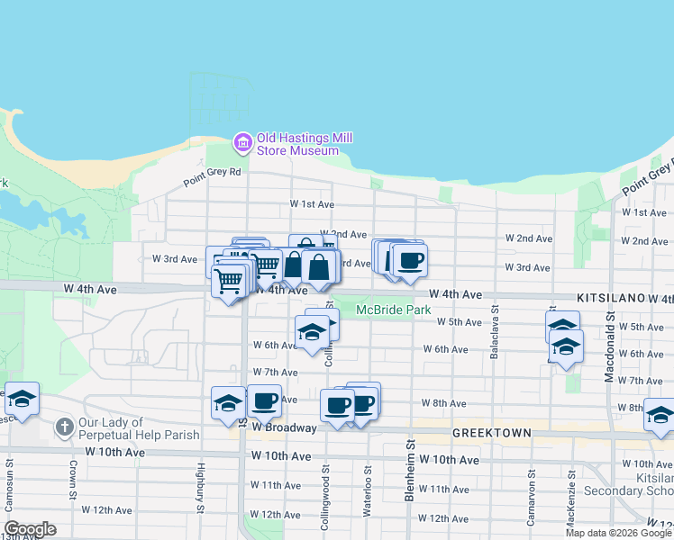 map of restaurants, bars, coffee shops, grocery stores, and more near 3488 West 3rd Avenue in Vancouver