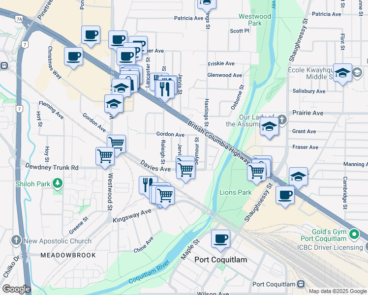 map of restaurants, bars, coffee shops, grocery stores, and more near 3160 Jervis Street in Port Coquitlam