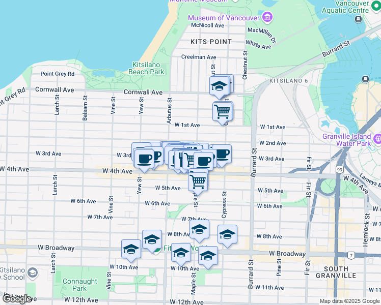 map of restaurants, bars, coffee shops, grocery stores, and more near 2015 West 3rd Avenue in Vancouver