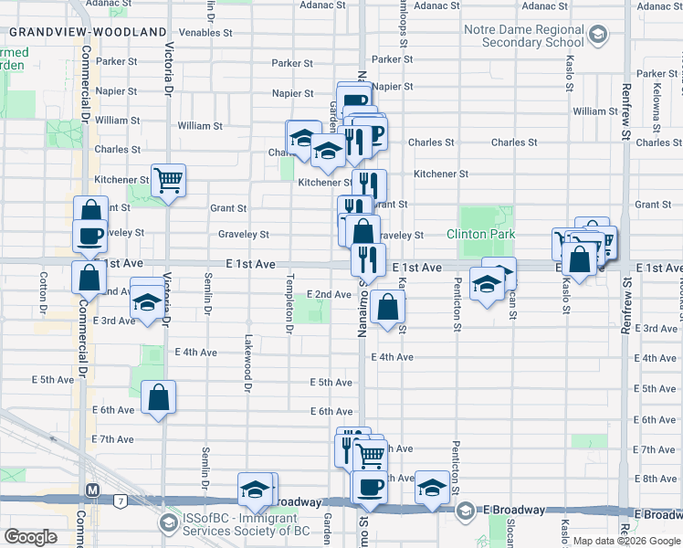 map of restaurants, bars, coffee shops, grocery stores, and more near 2316 East 1st Avenue in Vancouver